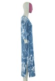 Autumn Tie Dye Blue O-Neck Slit Long Dress