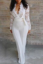 Autumn Formal White Lace Upper Elegant Party Jumpsuit with Belt