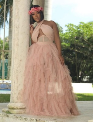 Summer Formal Pink Mesh Halter Long Evening Dress