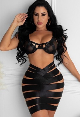 Summer Sexy Hollow Out Black Bra and Skirt Set