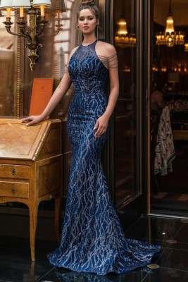 Autumn Blue Sequin Scoop Neck Mermaid Evening Dress