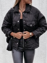 Winter Black Turndown Collar Button Up Jacket with Pockets