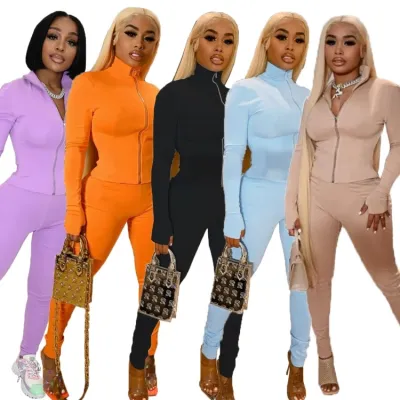 Autumn Solid Plain Orange Turtleneck Zipper Jacket and Pants Set