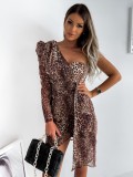 Autumn Leopard Print One Shoulder Wrap Party Dress with Single Sleeve