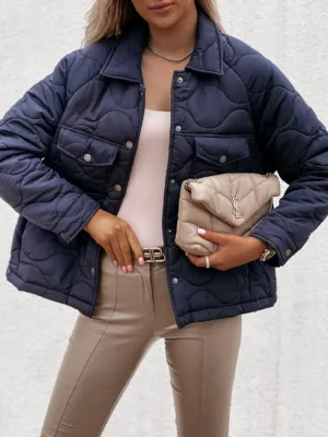 Winter Blue Turndown Collar Button Up Jacket with Pockets