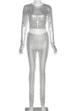 Autumn Sexy Silver Hollow Out Party Crop Top and Pants Set