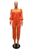 Autumn Solid Plain Orange Puff Sleeve Jacket and High Waist Pants Set