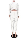 Autumn White Bright Line Print Tight Crop Top and Pants Set