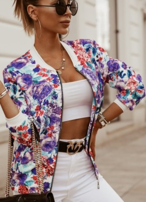 Autumn Print Flower Zipper Long Sleeve Jacket