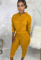 Autumn Two Piece Knitting Yellow Hoody Top and Pants Sweatsuit