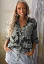 Autumn Camou Print Blouse with Sequins Pockets
