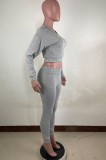 Autumn Two Piece Knitting Grey Hoody Top and Pants Sweatsuit