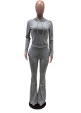 Autumn Grey Plain Hoody Top and Bell Bottom Pants Set