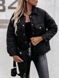 Winter Black Turndown Collar Button Up Jacket with Pockets
