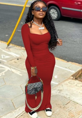 Autumn Casual Red Square Long Bodycon Dress
