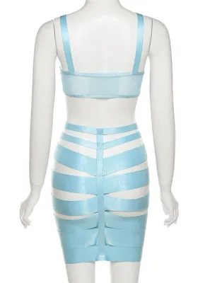 Summer Sexy Hollow Out Blue Bra and Skirt Set