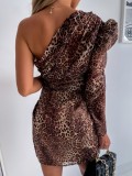 Autumn Leopard Print One Shoulder Wrap Party Dress with Single Sleeve