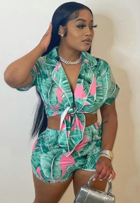 Summer Print Green Knotted Blouse and Matching Short Set