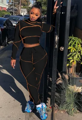 Autumn Black Bright Line Print Tight Crop Top and Pants Set