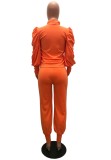 Autumn Solid Plain Orange Puff Sleeve Jacket and High Waist Pants Set