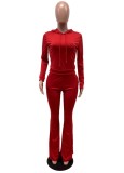 Autumn Red Plain Hoody Top and Bell Bottom Pants Set