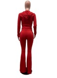 Autumn Red Plain Hoody Top and Bell Bottom Pants Set