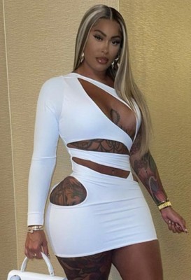 Autumn White Sexy Hollow Out One Shoulder Bodycon Dress with Single Sleeve