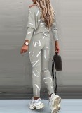 Autumn Letter Print Grey Casual Shirt and Pants 2pc Set