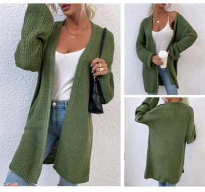 Autumn Green Knitting Long Cardigans with Long Sleeves