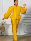 Autumn Formal Yellow Puff Sleeve Peplum Top and High Waist Pants Set