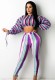 Autumn Colorful Striped Puff Sleeve Crop Top and Pants 2pc Set