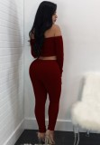 Autumn Red Ribbed Basic Off Shoulder Crop Top and Pants 2pc Set