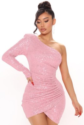 Autumn Formal Sequin Pink Single Sleeve Wrap Club Dress