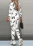 Autumn Letter Print White Casual Shirt and Pants 2pc Set