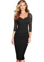 Autumn Formal Black Lace Patch Vintage Pencil Dress