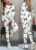 Autumn Letter Print White Casual Shirt and Pants 2pc Set