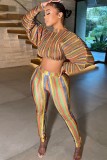 Autumn Colorful Striped Puff Sleeve Crop Top and Pants 2pc Set