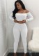 Autumn White Ribbed Basic Off Shoulder Crop Top and Pants 2pc Set