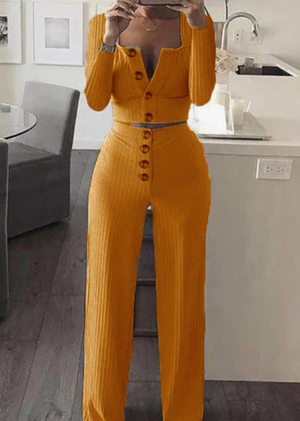 Autumn Orange Ribbed Crop Top and High Waist Pants 2pc Set