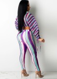 Autumn Colorful Striped Puff Sleeve Crop Top and Pants 2pc Set