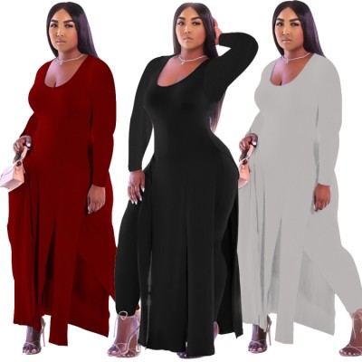 Autumn Plus Size Grey Side Slit Long Shirt and Matching Pants 2pc Set