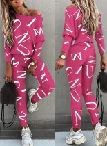 Autumn Letter Print Rose Casual Shirt and Pants 2pc Set