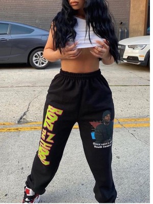 Winter Plus Size Print Black High Waist Sweatpants