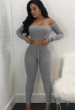 Autumn Grey Ribbed Basic Off Shoulder Crop Top and Pants 2pc Set