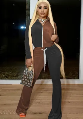 Winter Contrast Color Velour Zipper Tracksuit