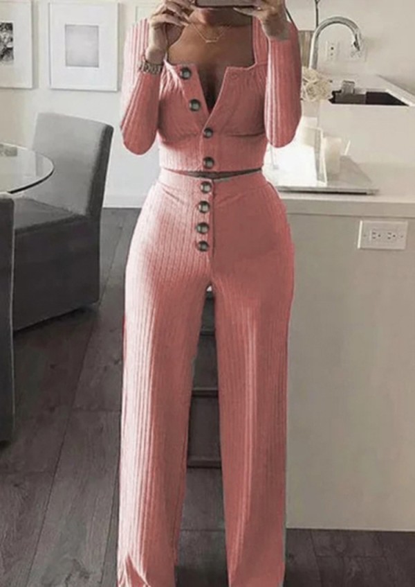 Autumn Pink Ribbed Crop Top and High Waist Pants 2pc Set