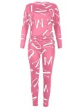 Autumn Letter Print Pink Casual Shirt and Pants 2pc Set