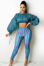 Autumn Colorful Striped Puff Sleeve Crop Top and Pants 2pc Set