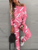 Autumn Letter Print Pink Casual Shirt and Pants 2pc Set