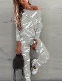 Autumn Letter Print Grey Casual Shirt and Pants 2pc Set